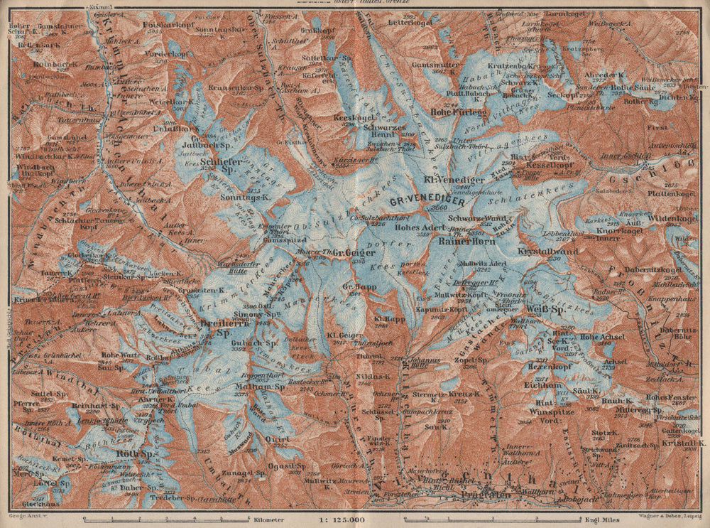 Gross VENEDIGERGRUPPE Group topo-map. Prägraten. Austria Österreich 1927