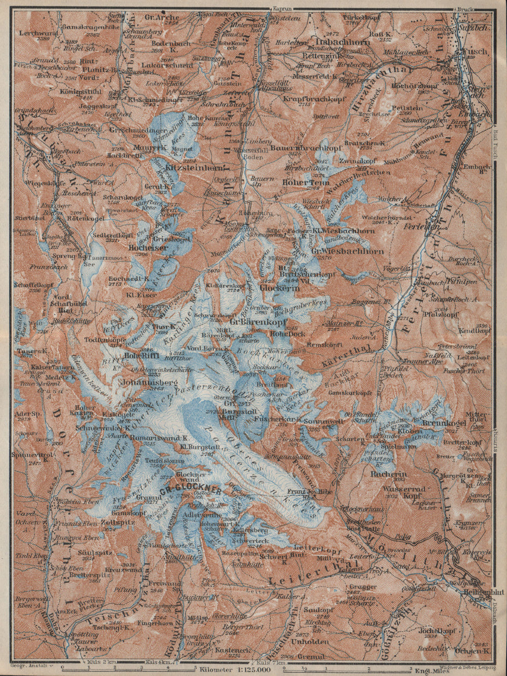 GLOCKNERGRUPPE Grossglockner topo-map. Austria Österreich karte 1927 old