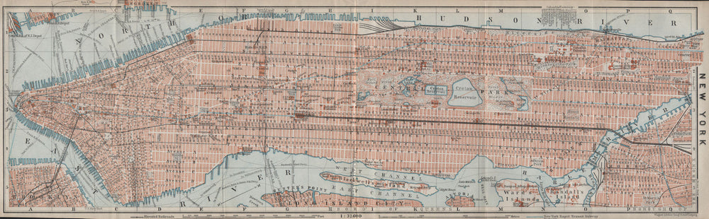 MANHATTAN antique town city plan panorama. New York City. BAEDEKER 1909 map
