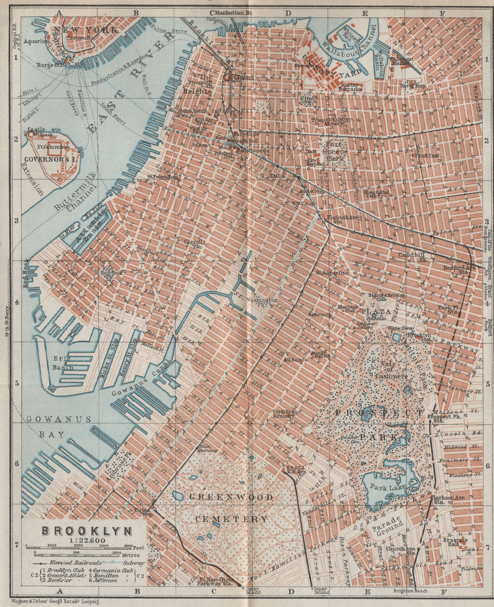 BROOKLYN antique town city plan. New York City. BAEDEKER 1909 old map