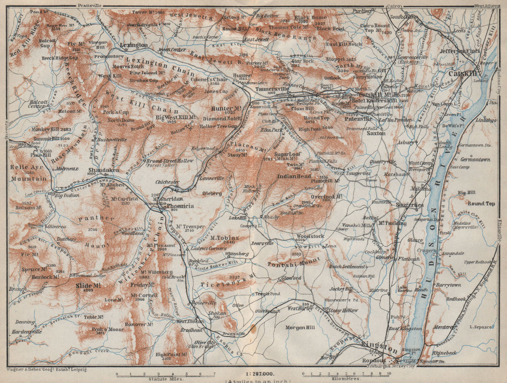 THE CATSKILL MOUNTAINS . New York State. Hudson River. BAEDEKER 1909 old map