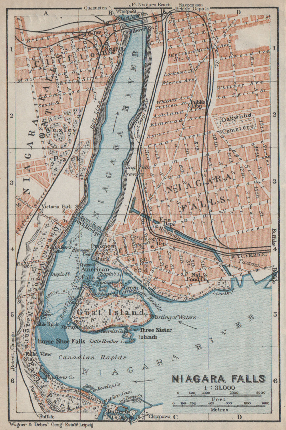 NIAGARA FALLS antique town city plan. New York State. BAEDEKER 1909 old map