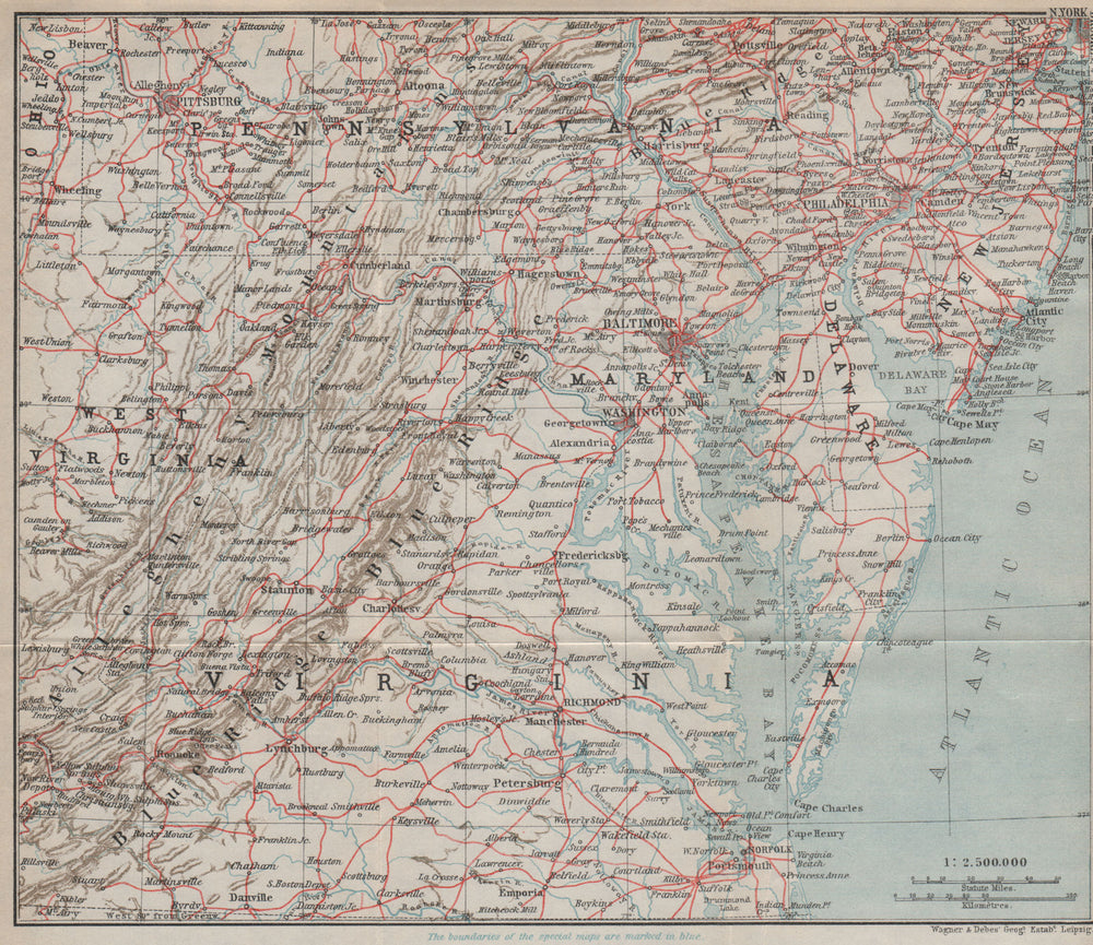 USA ATLANTIC STATES RAILWAY MAP. Appalachia. Baltimore Philadelphia 1909