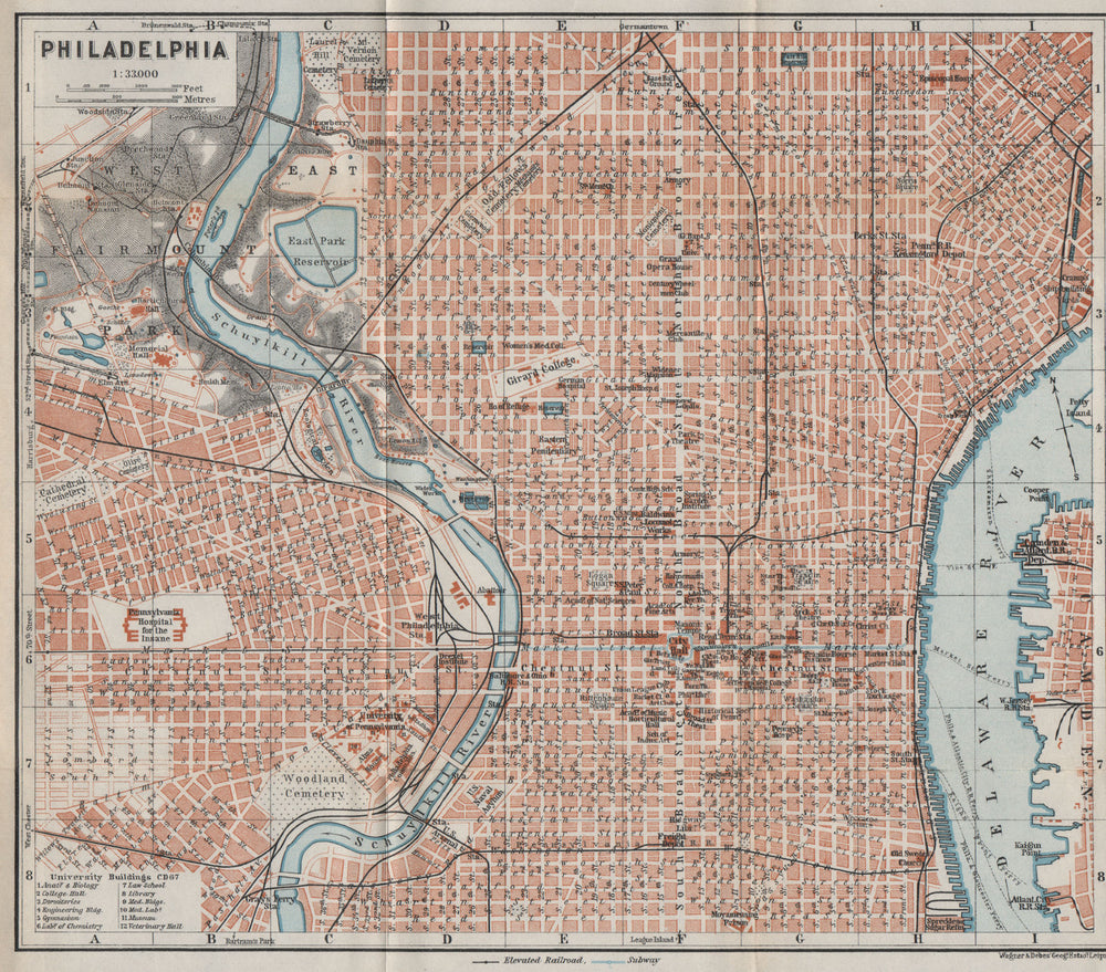 PHILADELPHIA antique town city plan. Pennsylvania. BAEDEKER 1909 old map