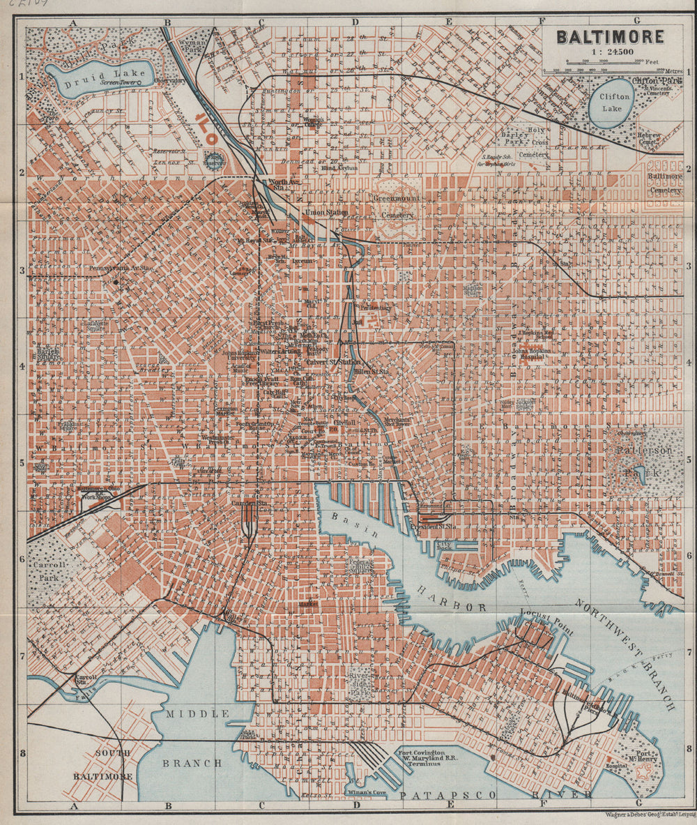 BALTIMORE antique town city plan. Maryland. BAEDEKER 1909 old map