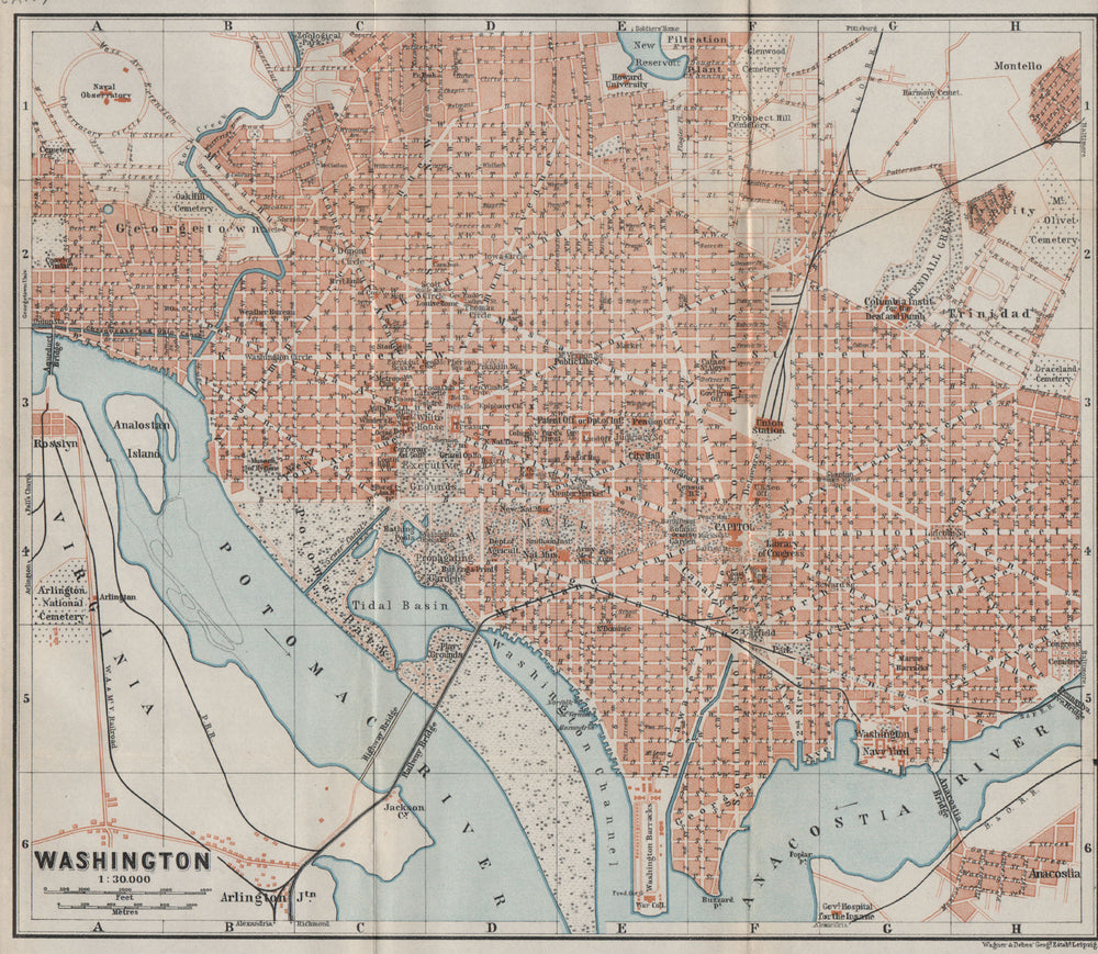WASHINGTON DC antique town city plan. BAEDEKER 1909 old map chart