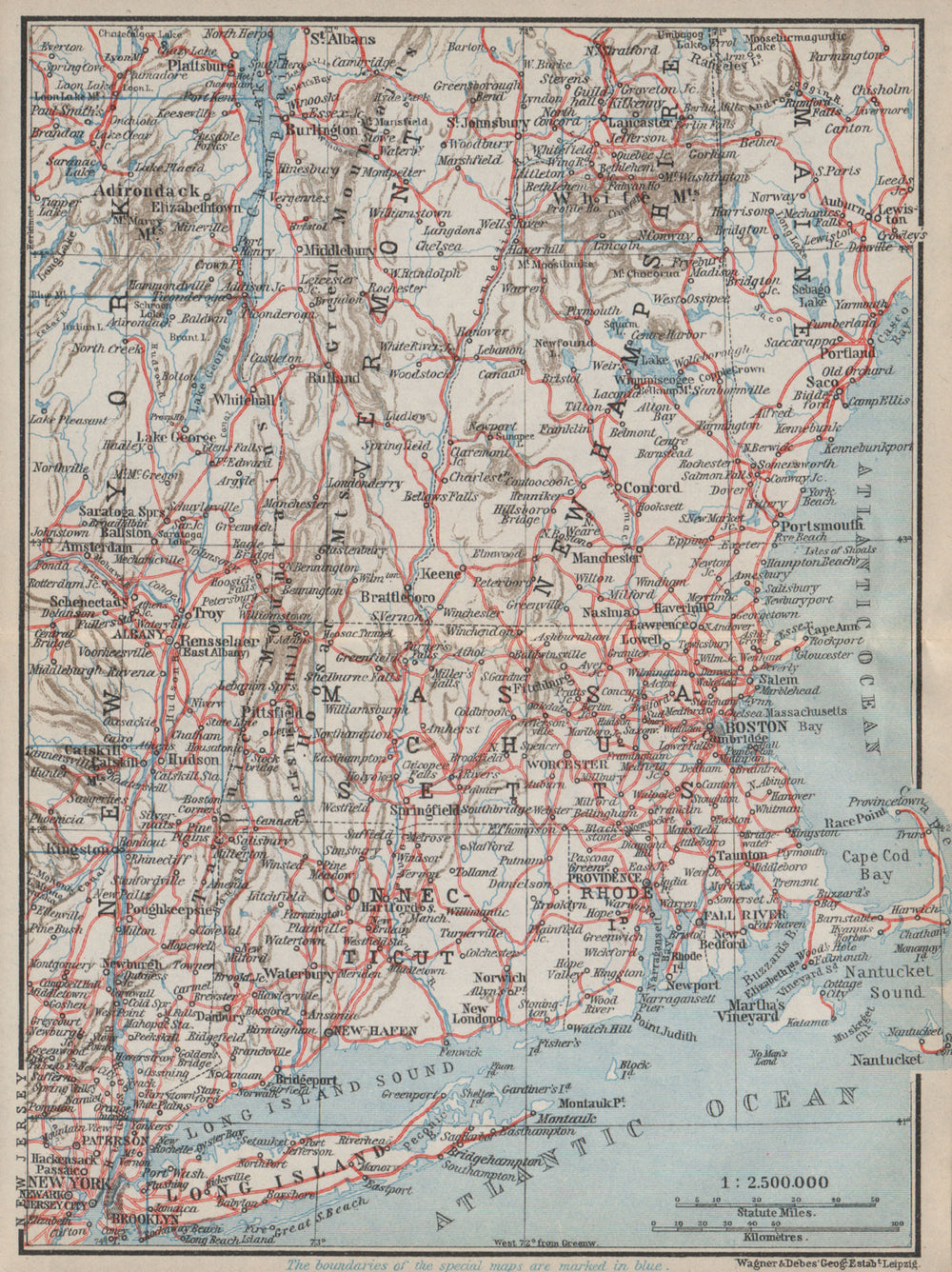 RAILWAY MAP OF THE NEW ENGLAND STATES. USA. BAEDEKER 1909 old antique