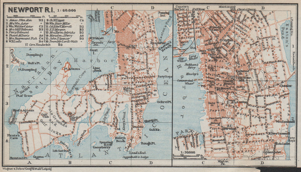 NEWPORT, RHODE ISLAND antique town city plan. BAEDEKER 1909 old map