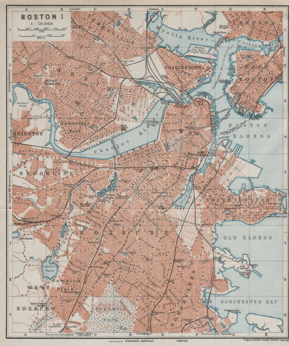 BOSTON town city plan. Cambridge Brookline Roxbury Massachusetts 1909 old map