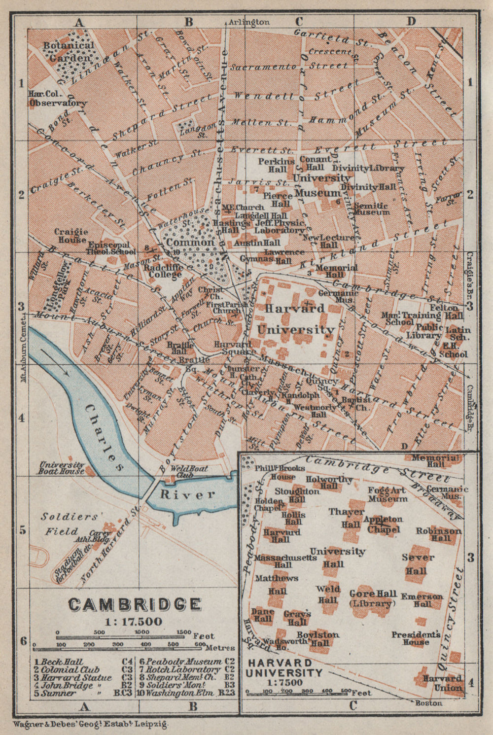 CAMBRIDGE, Massachusetts town city plan. Inset Harvard University 1909 old map