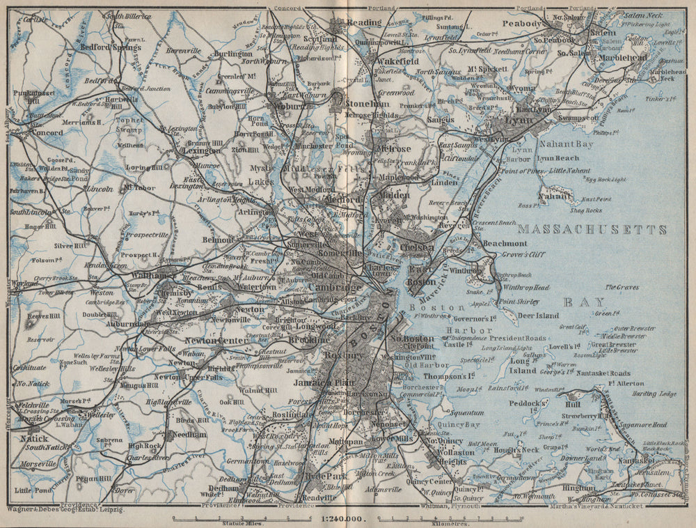 BOSTON ENVIRONS. Massachusetts Bay Lynn. BAEDEKER 1909 old antique map chart