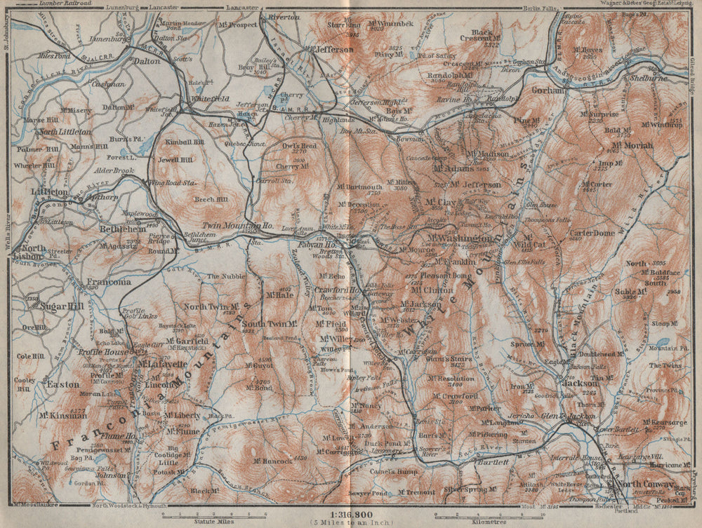 WHITE MOUNTAINS, New Hampshire. Franconia Mtns. Mount Washington 1909 old map