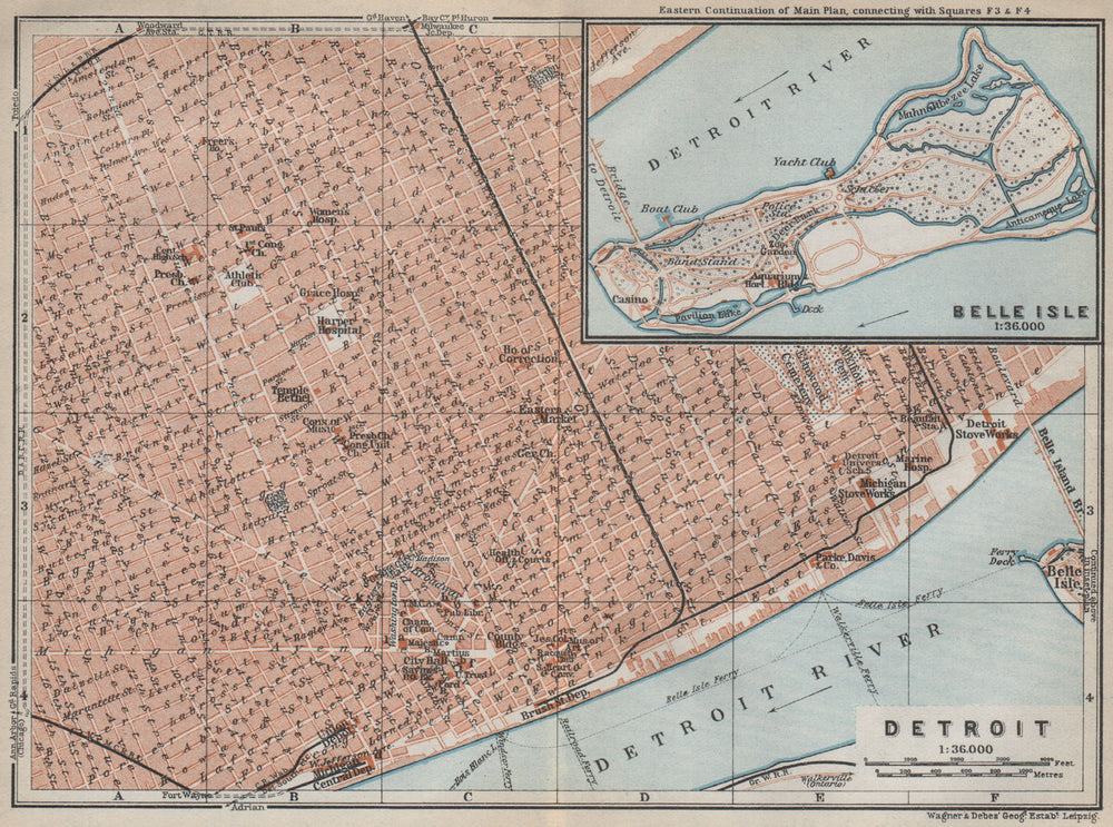 DETROIT antique town city plan. Inset Belle Isle. Michigan. BAEDEKER 1909 map