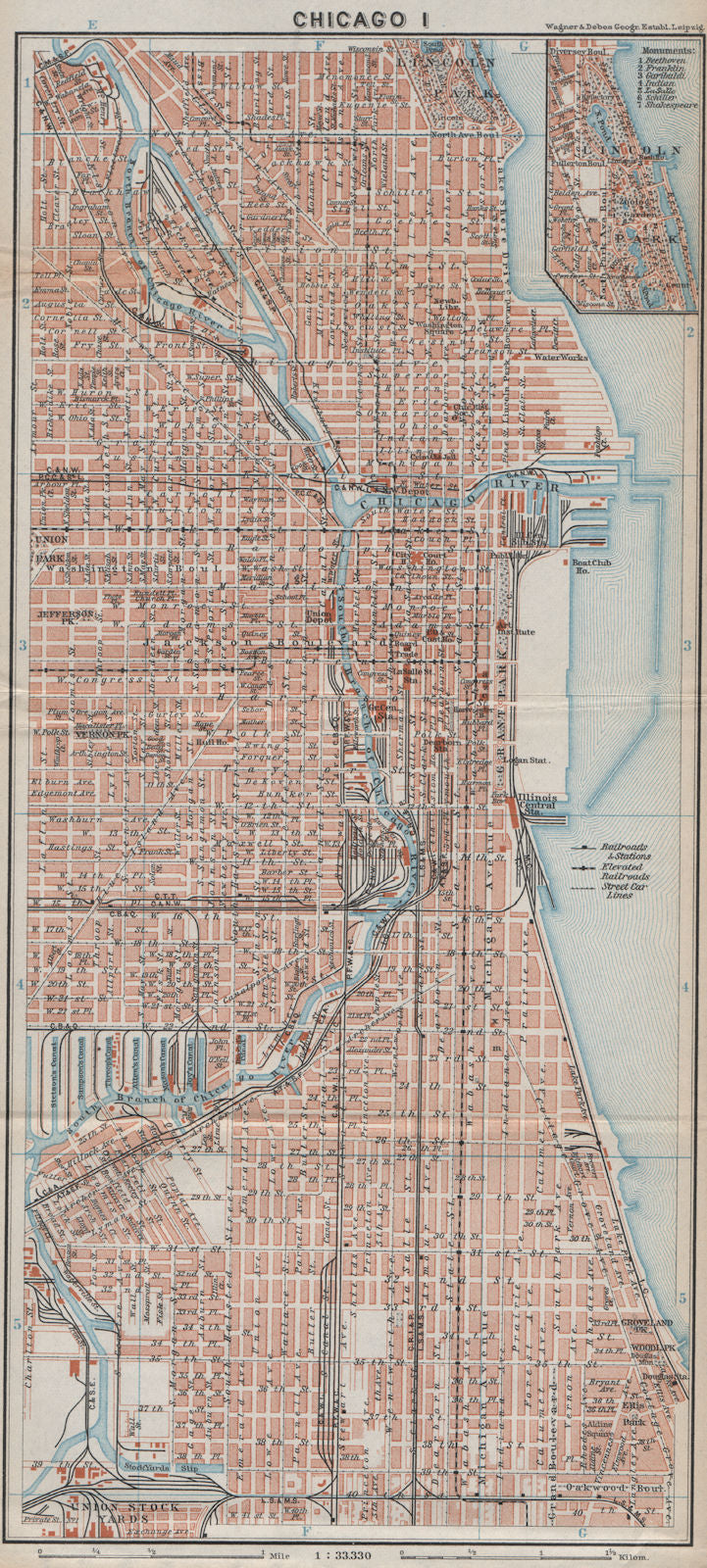 DOWNTOWN CHICAGO city plan. Near North/South Side Loop Greektown 1909 old map