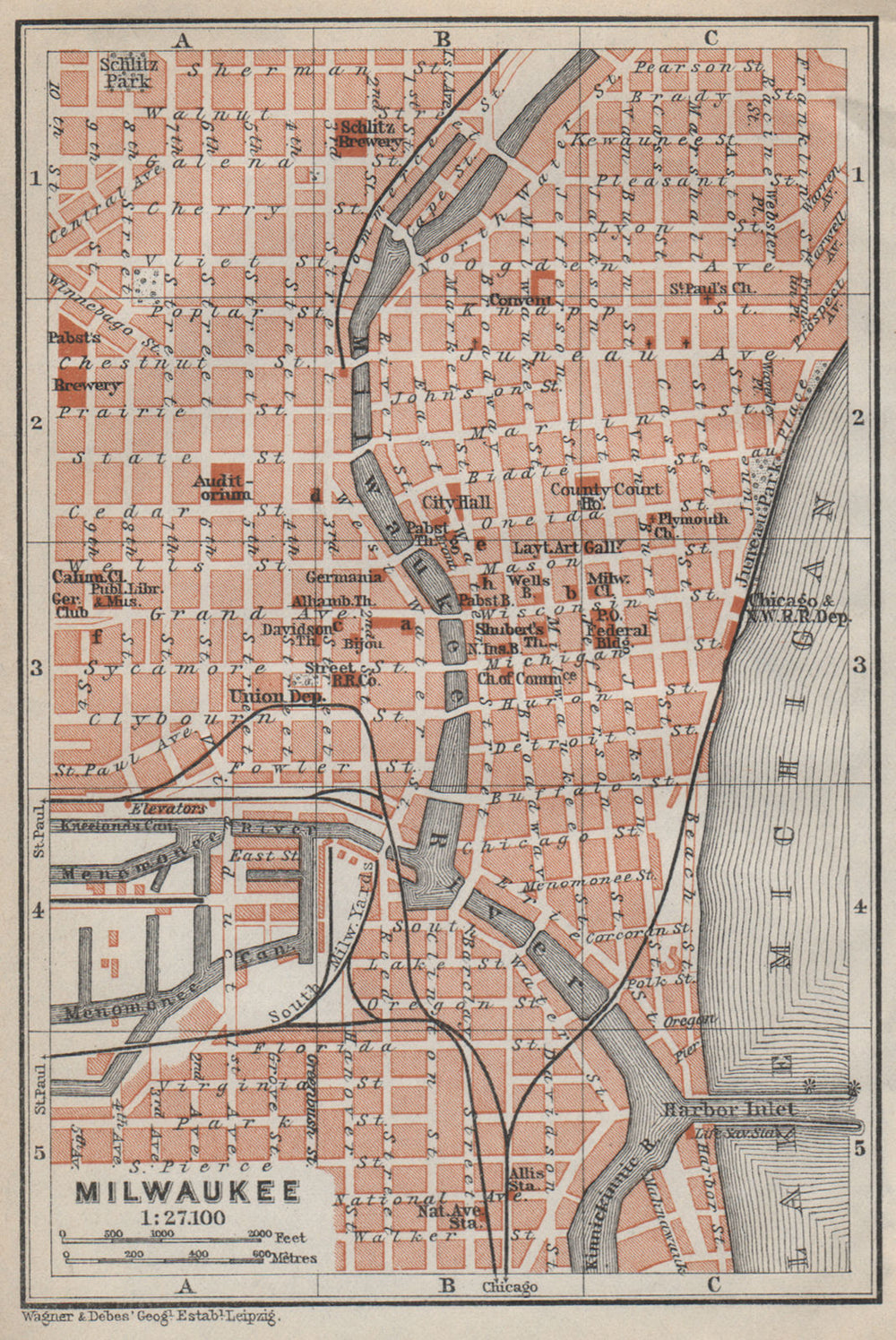 MILWAUKEE antique town city plan. Wisconsin. BAEDEKER 1909 old map