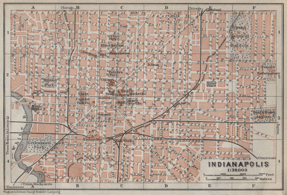 INDIANAPOLIS antique town city plan. Indiana. BAEDEKER 1909 old map