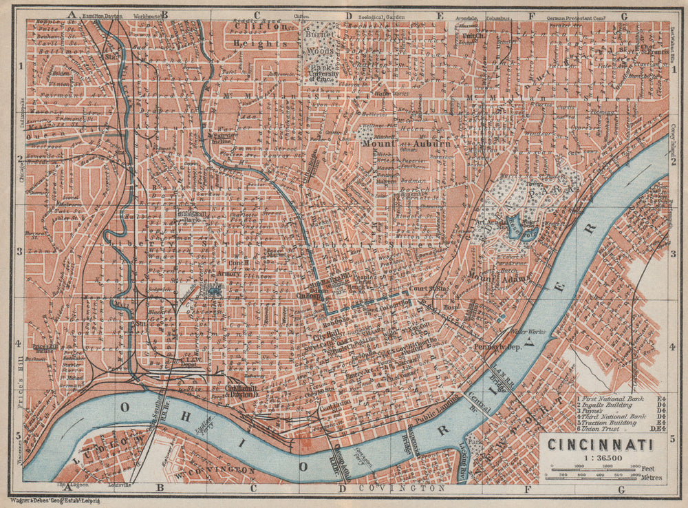 CINCINNATI antique town city plan. Ohio. BAEDEKER 1909 old map chart