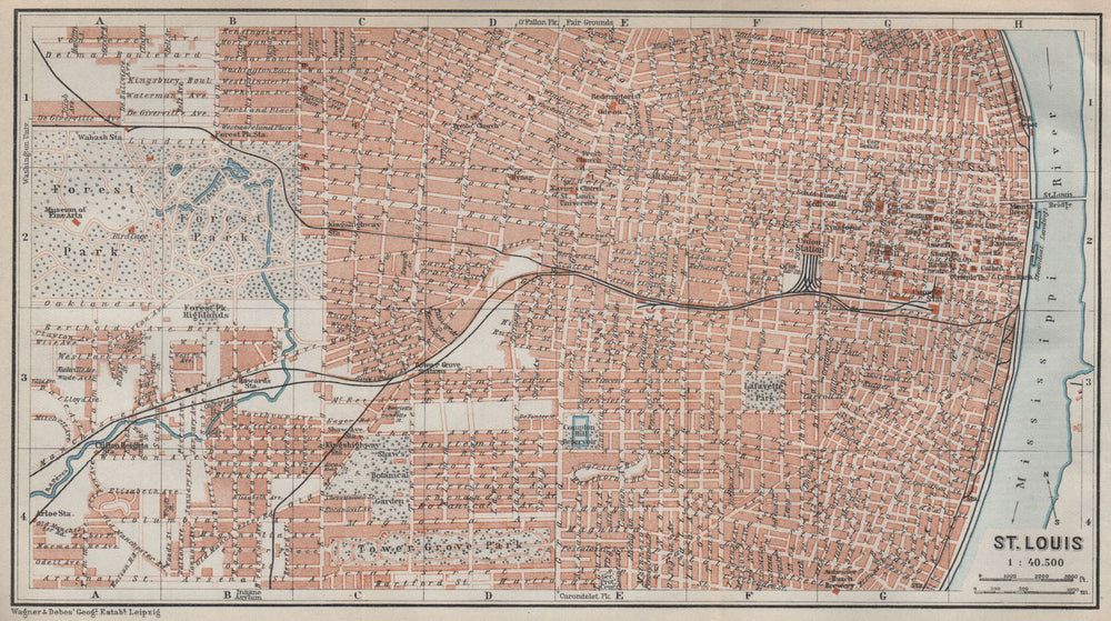 ST. LOUIS antique town city plan. Missouri. BAEDEKER 1909 old map