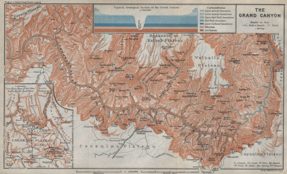 THE GRAND CANYON OF THE COLORADO RIVER. Geological section. Arizona 1909 map