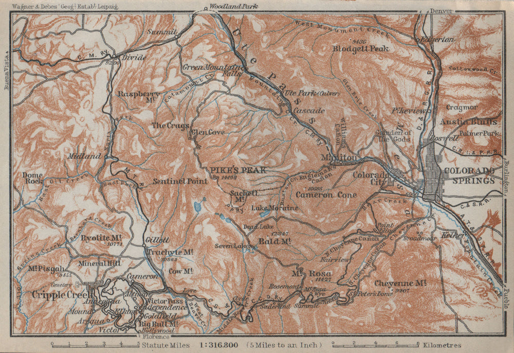 COLORADO SPRINGS environs. Pike's Peak Cripple Creek. BAEDEKER 1909 old map