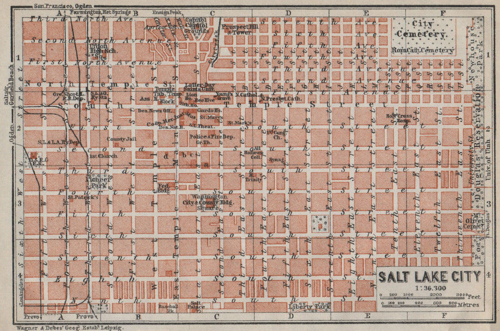 SALT LAKE CITY antique town city plan. Utah. BAEDEKER 1909 old map