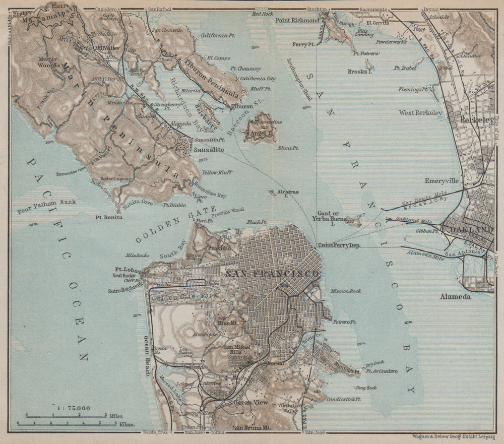 SAN FRANCISCO BAY California Golden gate Oakland Berkeley. Pre-bridges 1909 map