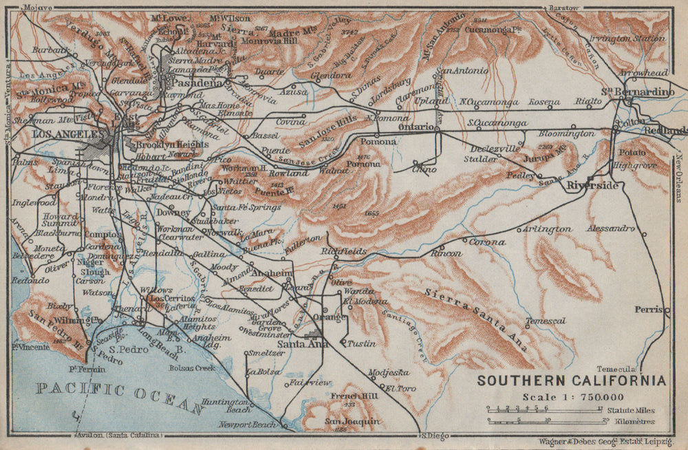 SOUTHERN CALIFORNIA. Los Angeles Pasadena Santa Ana. BAEDEKER 1909 old map