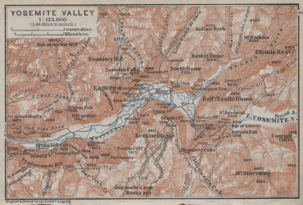 YOSEMITE VALLEY, California. Topo-map. BAEDEKER 1909 old antique chart