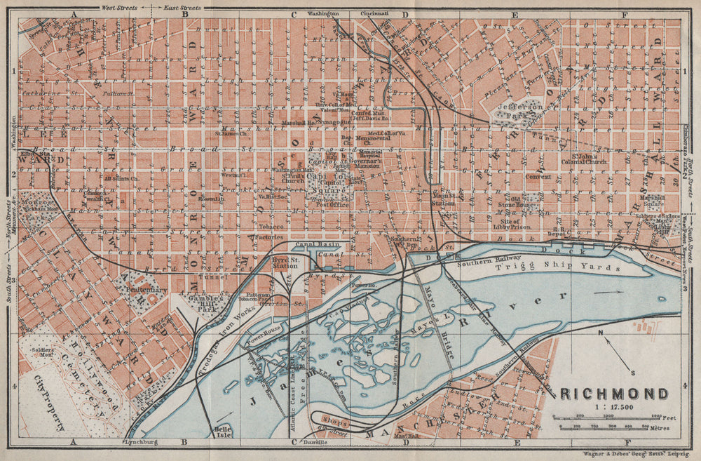 RICHMOND antique town city plan. Virginia. BAEDEKER 1909 old map chart