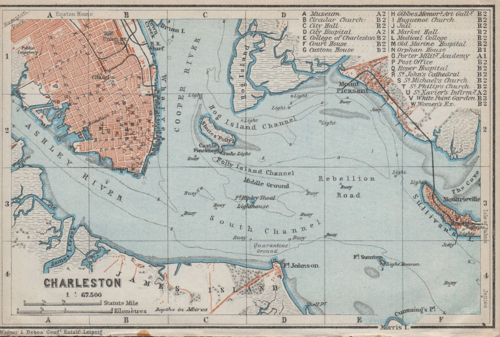 CHARLESTON antique town city & harbor plan. South Carolina. BAEDEKER 1909 map