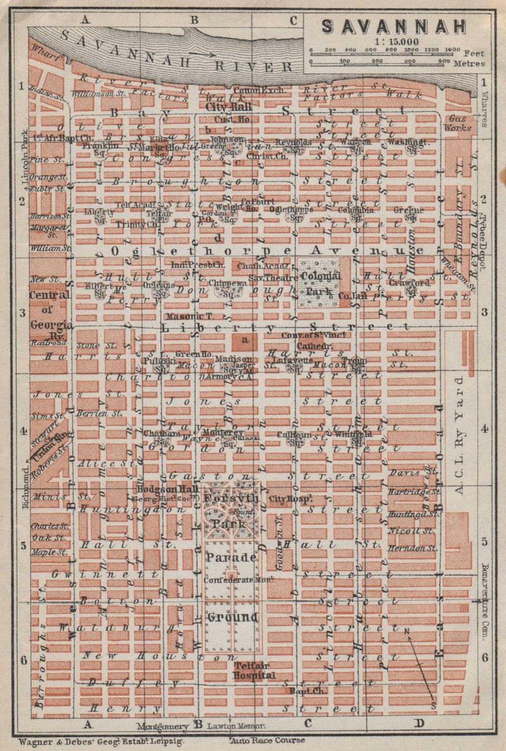 SAVANNAH antique town city plan. Georgia, US. BAEDEKER 1909 old map