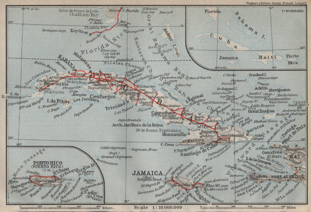 CUBA PUERTO RICO Jamaica Haiti. Caribbean. BAEDEKER 1909 old antique map chart