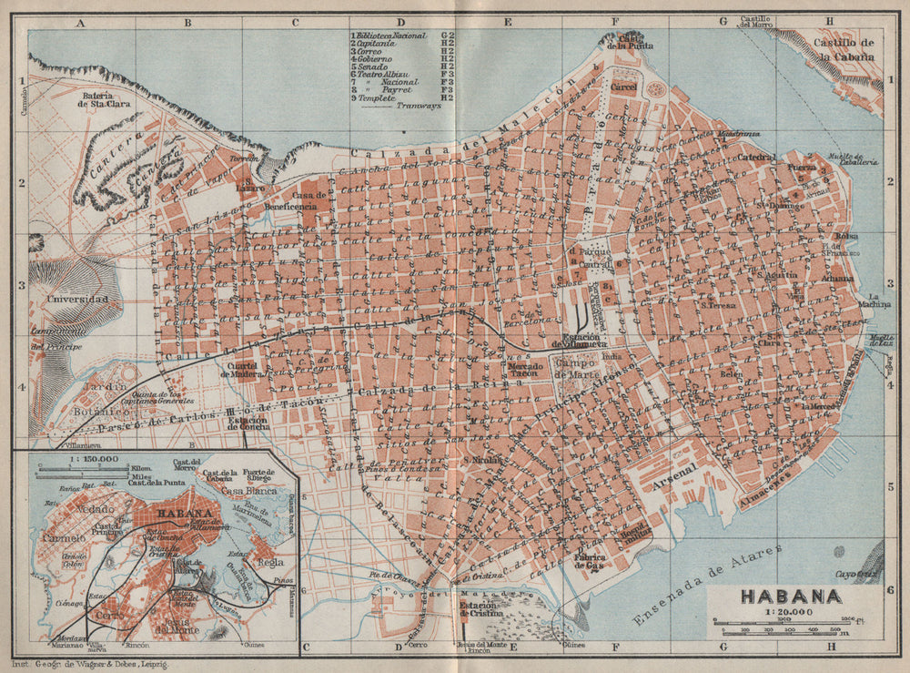 HAVANA HABANA antique town city ciudad plan. Cuba. BAEDEKER 1909 old map