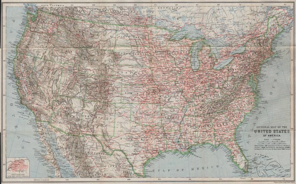 UNITED STATES OF AMERICA General map. Railroads. USA. BAEDEKER 1909 old