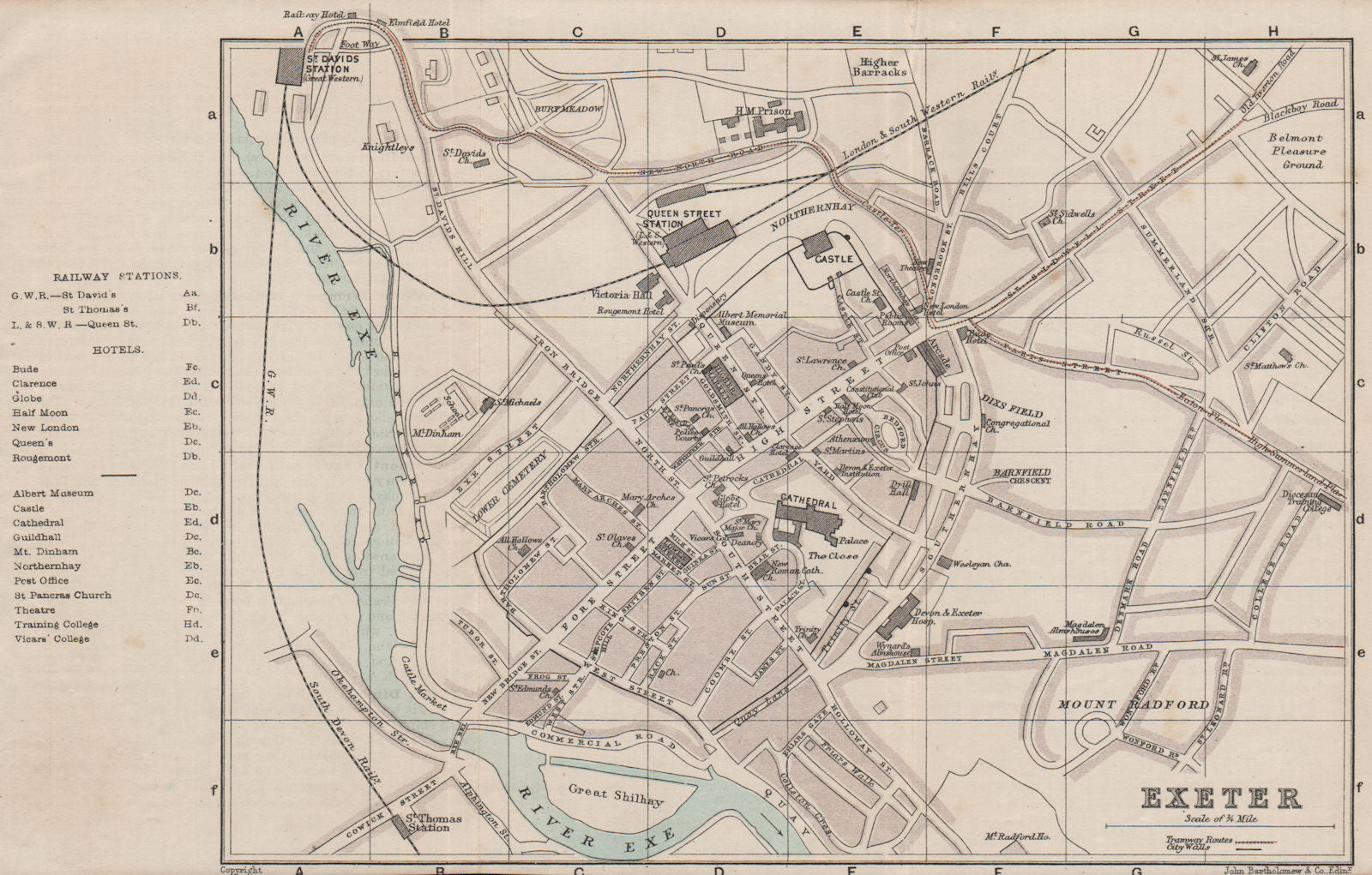 EXETER town/city plan. BARTHOLOMEW 1889 old antique vintage map chart ...