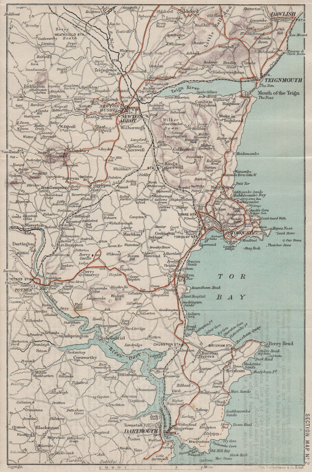 TORBAY River Dart Torquay Paignton Dartmouth Teignmouth Brixham 1889 old map