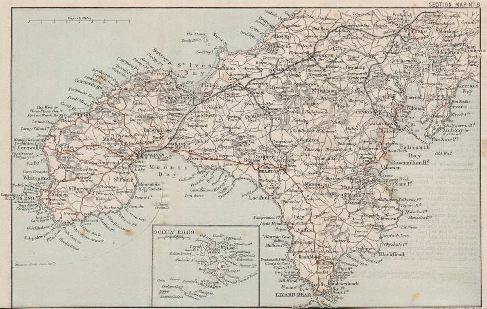CORNWALL Penwith/Lizard peninsulas Lands End Penzance St Ives Falmouth 1889 map