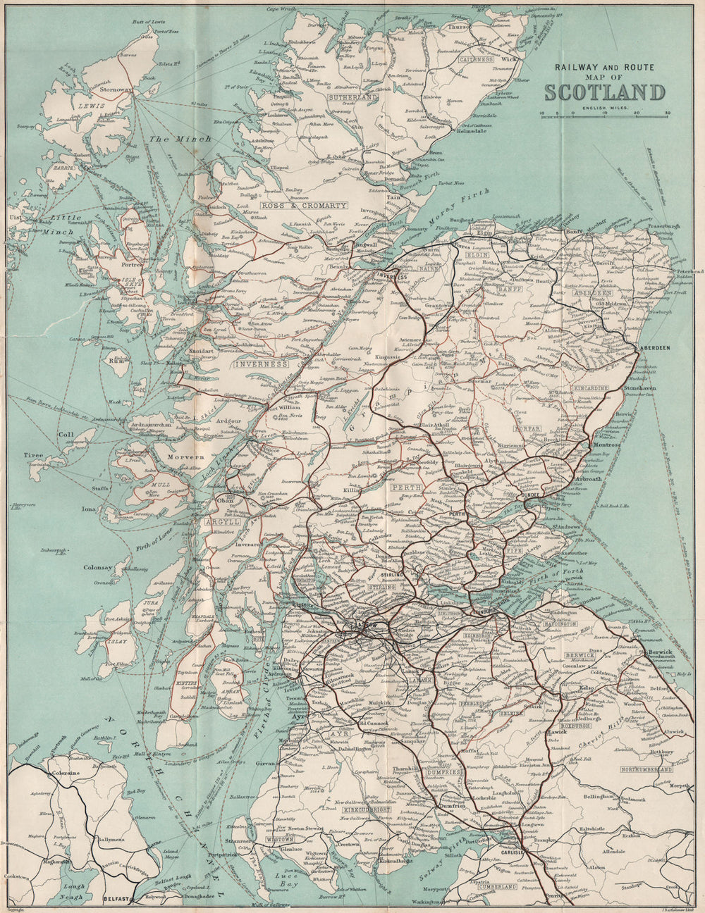 Railway and Route map of SCOTLAND. BARTHOLOMEW 1908 old antique plan chart