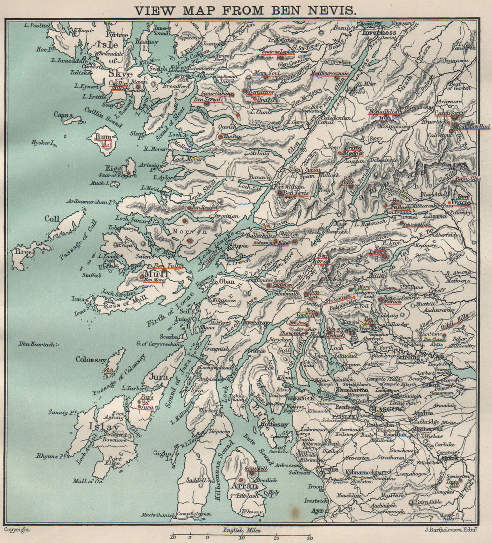 View map from BEN NEVIS. Grampian Mountain peaks. Scottish Highlands 1908