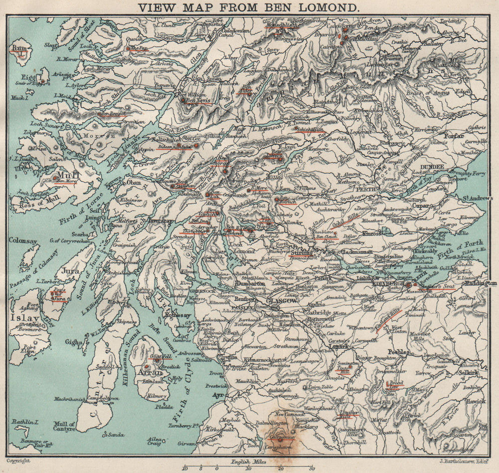 View map from BEN LOMOND. Scottish Highlands Mountain peaks. Monroes 1908