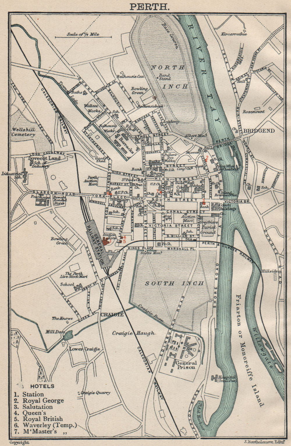 PERTH town/city plan. Scotland. BARTHOLOMEW 1908 old antique map chart