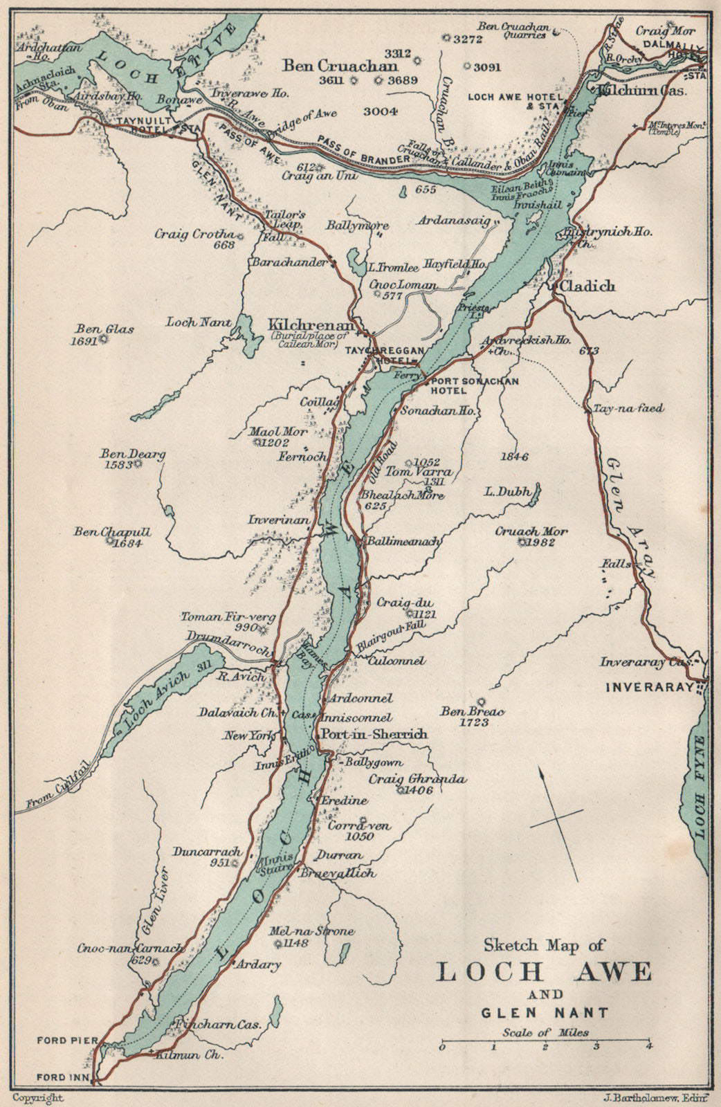 LOCH AWE & GLEN NANT. Ben Cruachan Taynuilt Kilchrenan Inveraray 1908 old map – Antiquemapsandprints.com