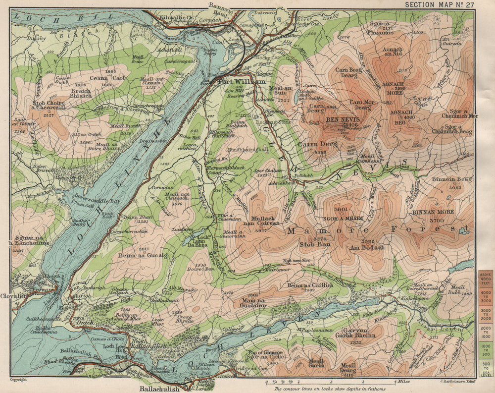 FORT WILLIAM ENVIRONS. Mamores Ben Nevis Loch Leven Loch Linnhe 1908 old map