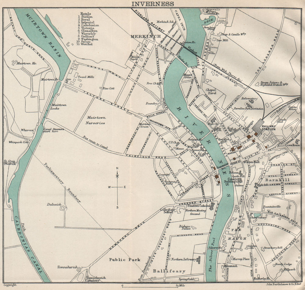 INVERNESS town/city plan. Scotland. BARTHOLOMEW 1911 old antique map chart