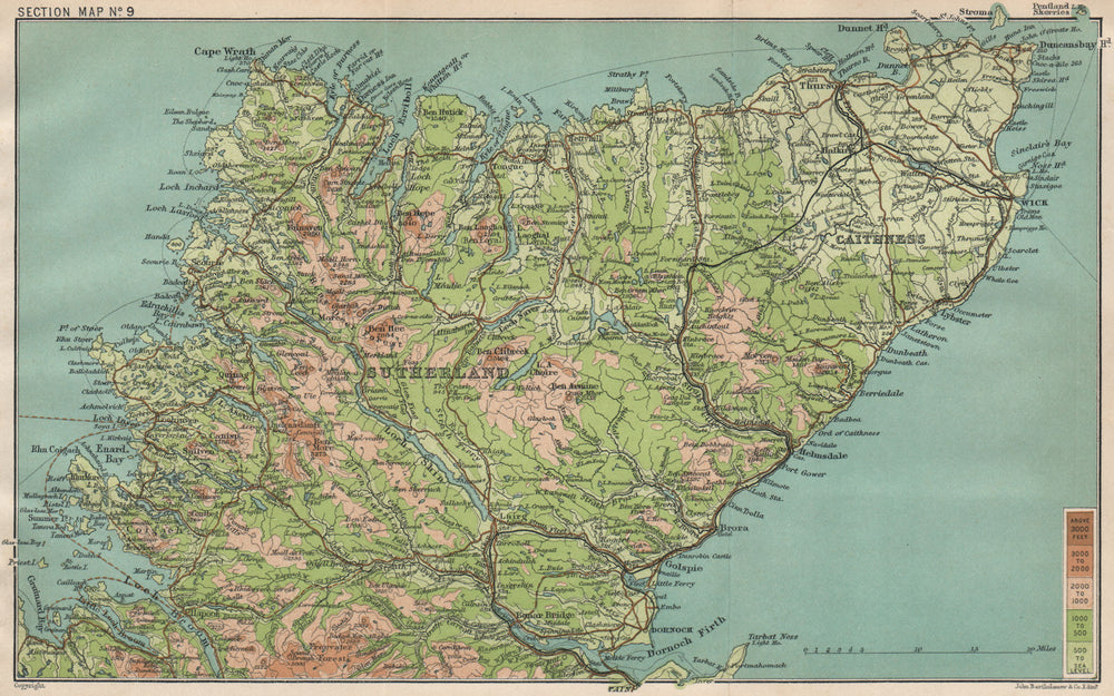 SUTHERLAND & CAITHNESS. Scottish Highlands. Thurso Dornoch Halkirk 1911 map