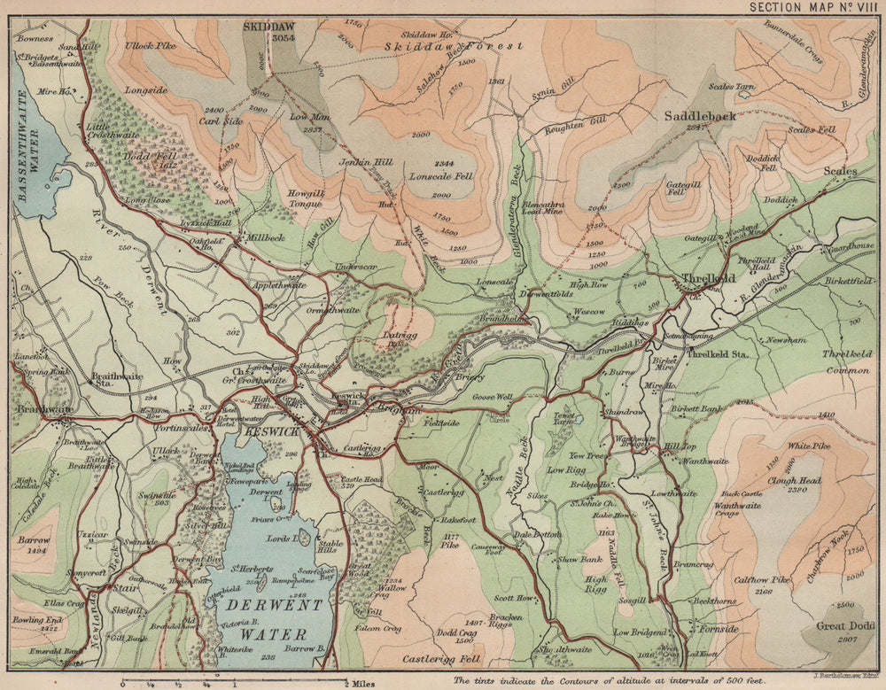 KESWICK. Derwent Water Skiddaw Blencathra Castlerigg Glenderamackin 1886 map