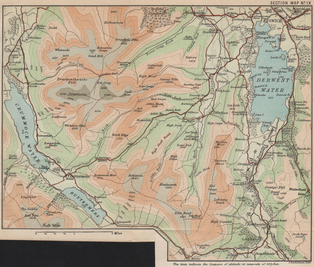 DERWENT WATER Buttermere Crummock Water Grasmoor Keswick Grisedale Pike 1886 map