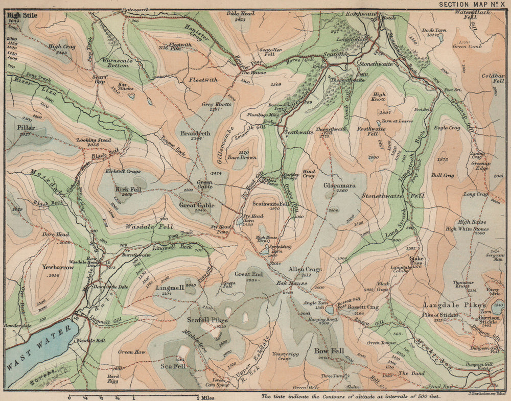 LAKE DISTRICT. Scafell Pike Borrowdale Glaramara Kirk Fell Wast Water 1886 map