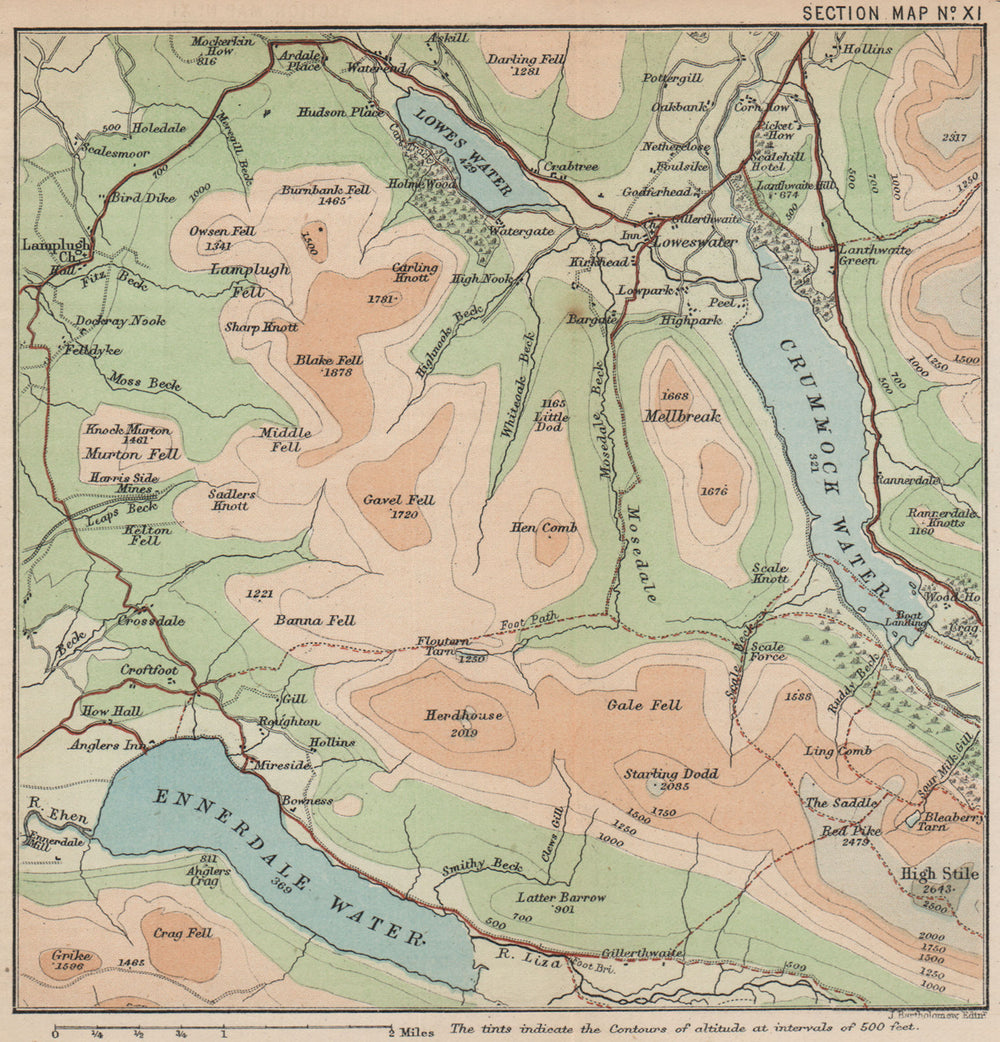 CRUMMOCK WATER ENNERDALE WATER Blake Fell Grasmoor Loweswater Mellbreak 1886 map