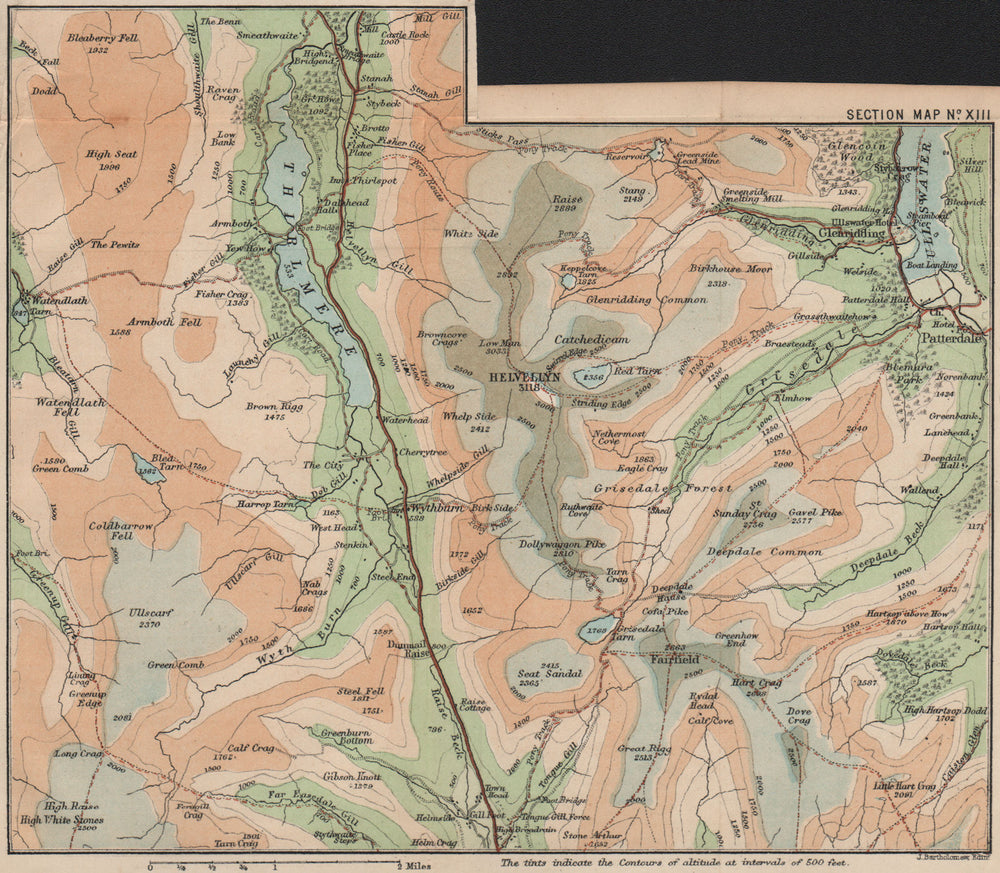 THIRLMERE Grisedale Helvellyn Fairfield Peak Patterdale St Sunday Crag 1886 map